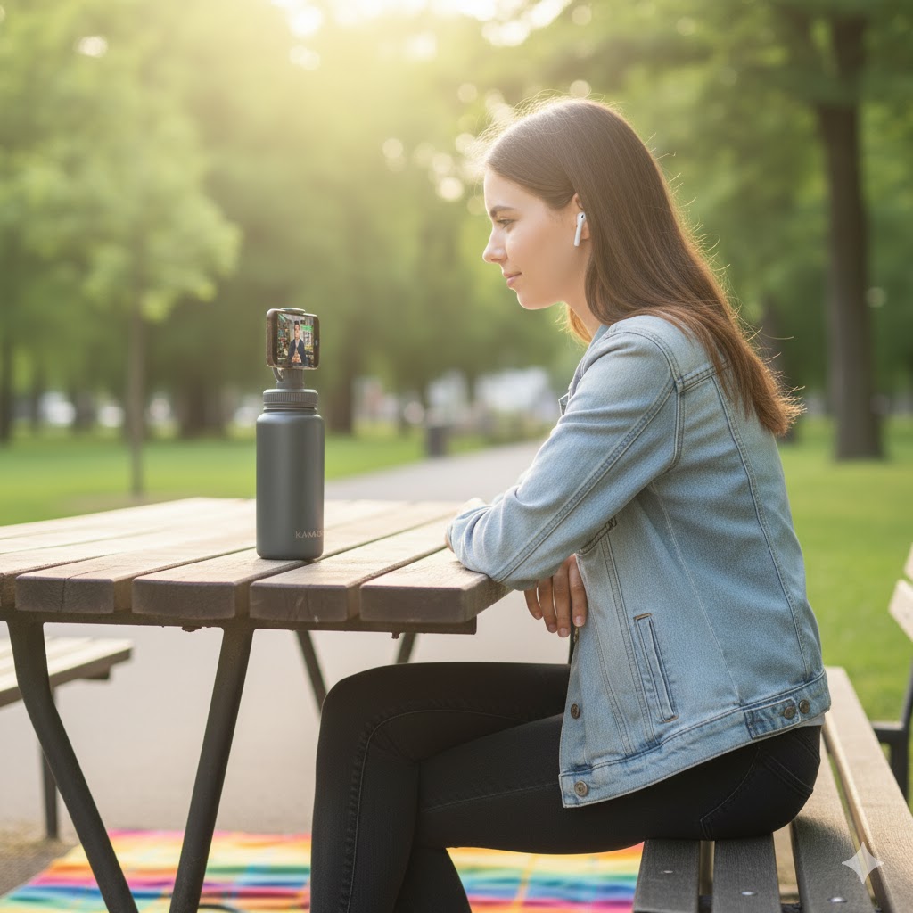 Young woman at a park bench with a KAMAGIO bottle