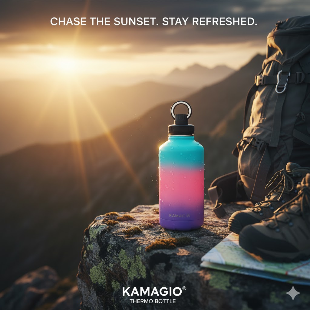 KAMAGIO Thermo Bottle on a mountain at sunset