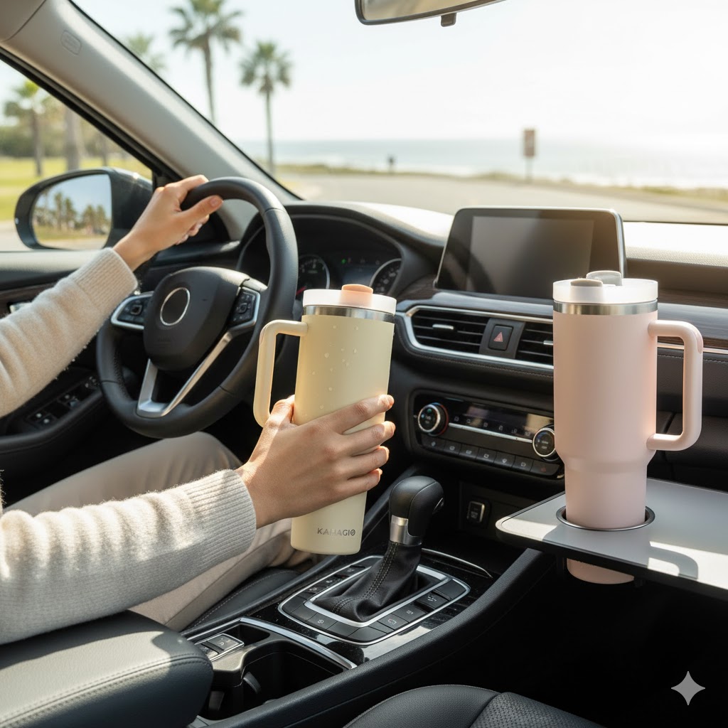 Two KAMAGIO tumblers in a car cup holder